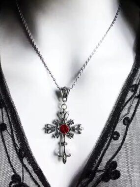 Gothic Cross Necklace Red Gem Silver Tone Vintage Punk Y2K Halloween Jewelry